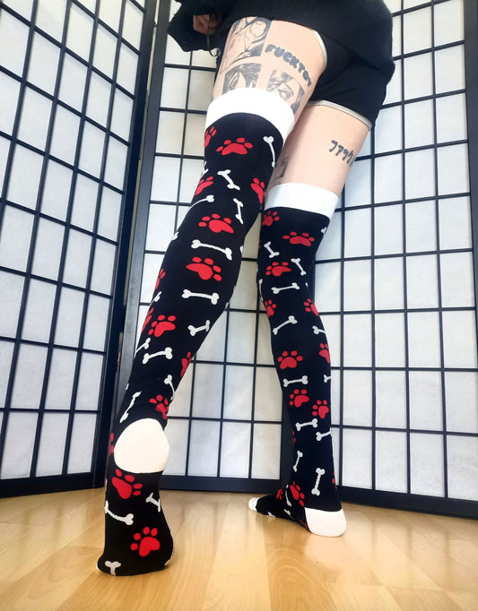 Red Paw Print Black and White Bone Thigh High Socks (Size 3-12 UK)