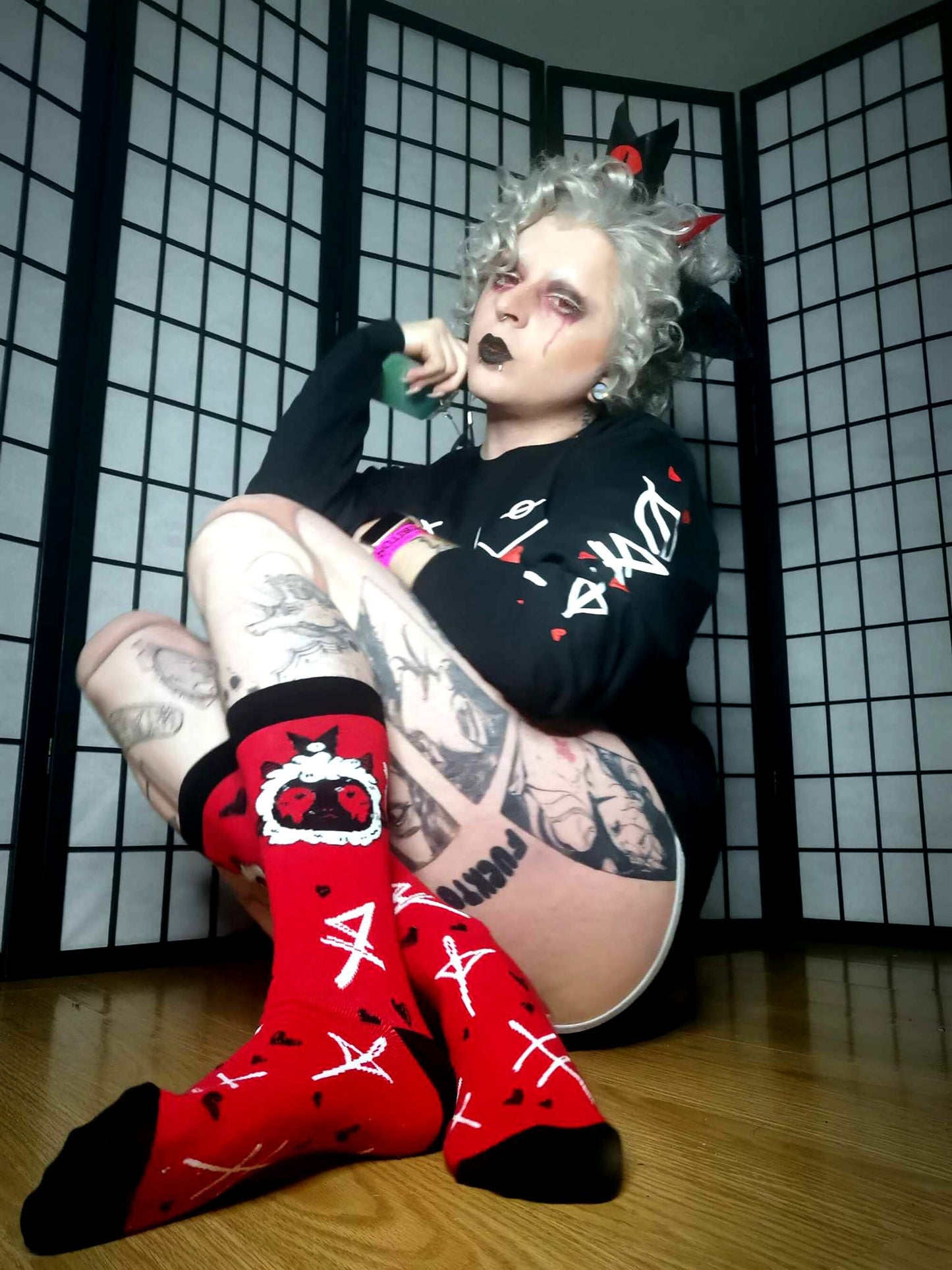 Cult of the Lamb Red and Black Crew Socks (Mens Size 4-12 UK)
