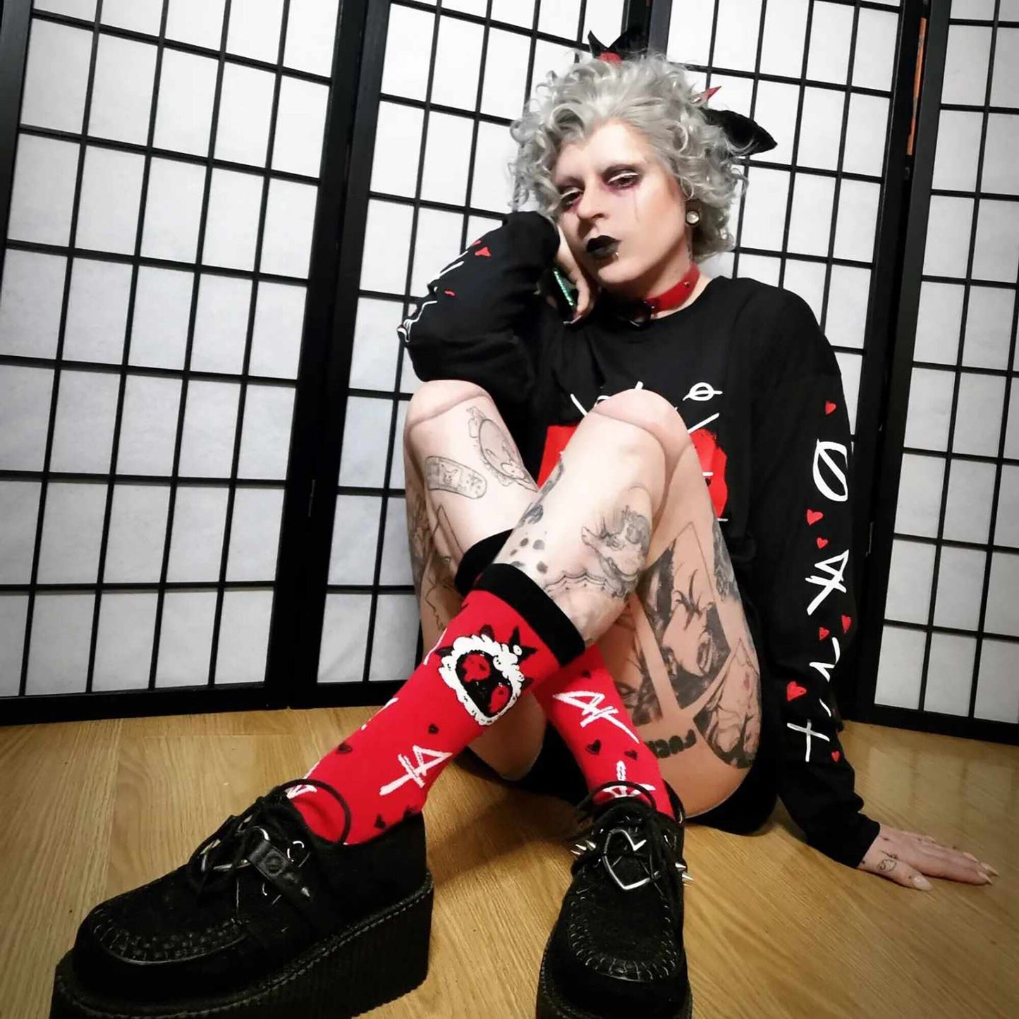 Cult of the Lamb Red and Black Crew Socks (Mens Size 4-12 UK)
