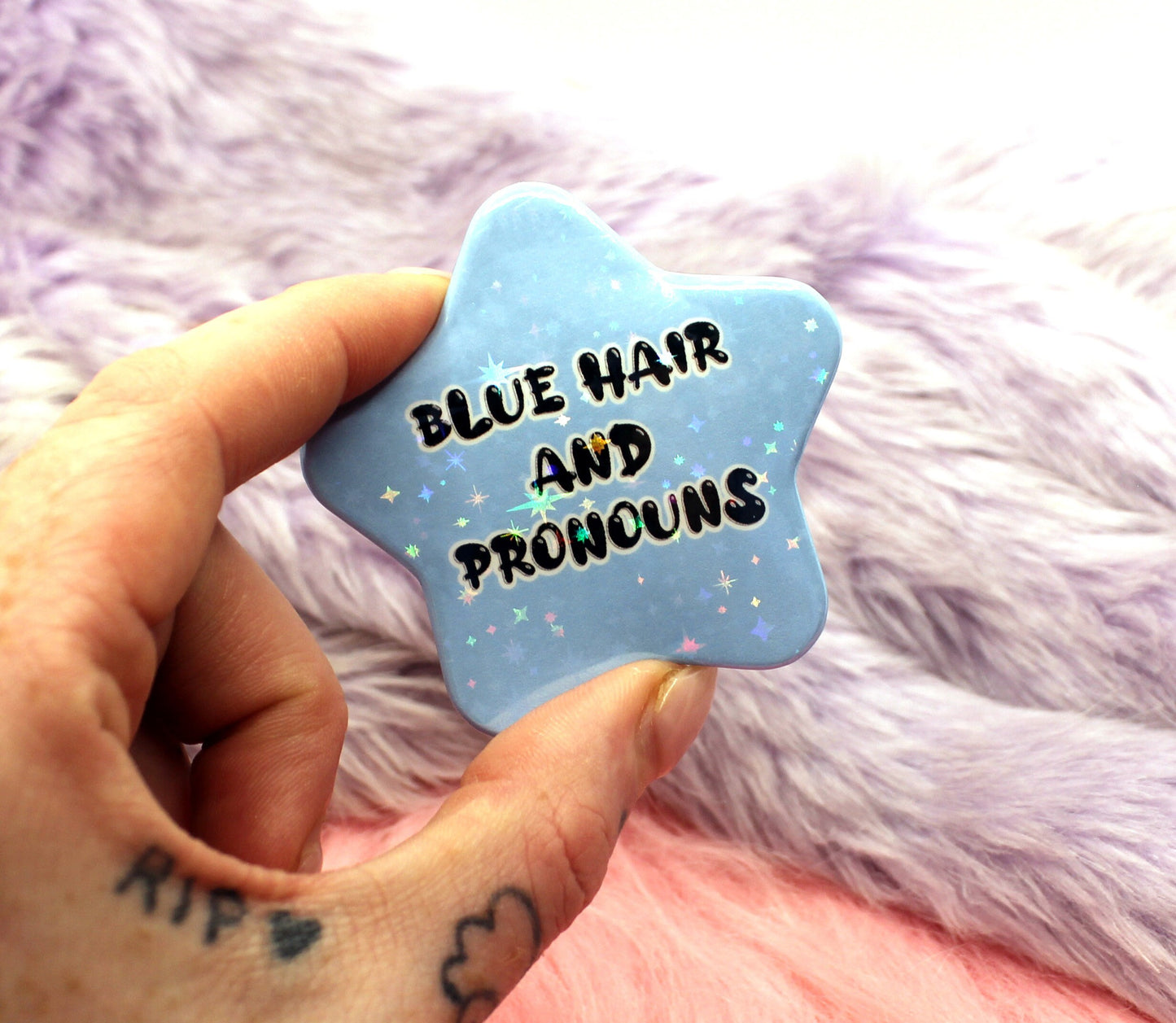 Blue Hair and Pronouns Star Badge (55mm)