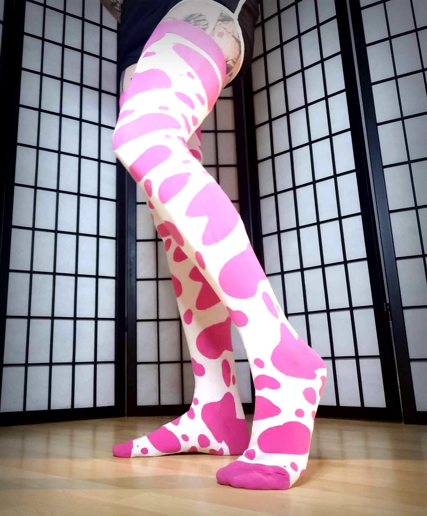 Hot Pink Cow Print Thigh High Socks (Size 3-10 UK)