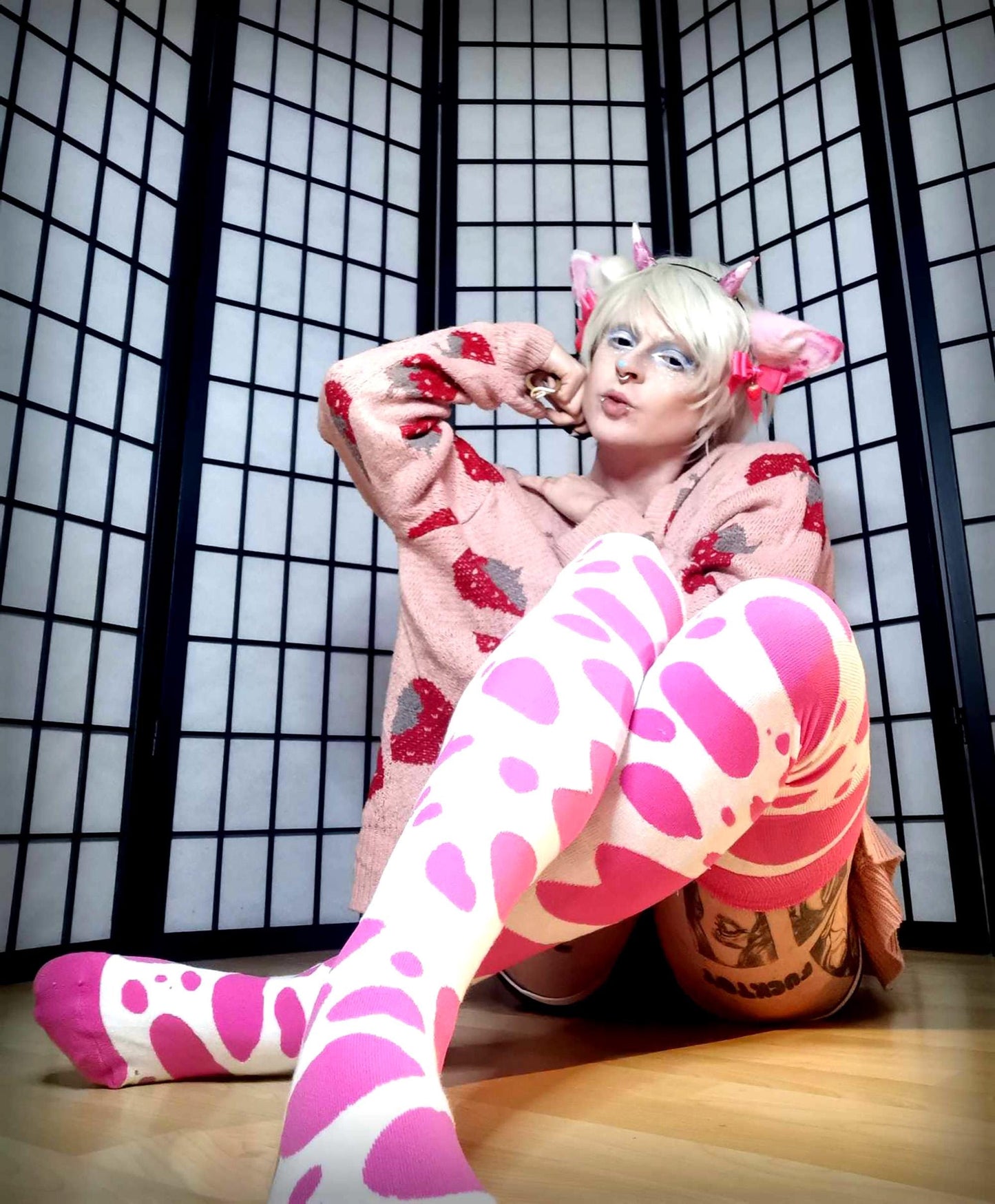 Hot Pink Cow Print Thigh High Socks (Size 3-10 UK)