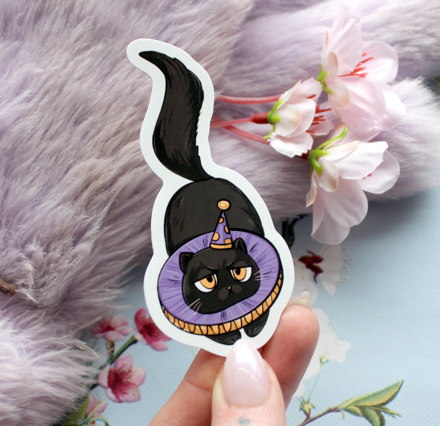 Thistle Black Cat Purple Ruffle Sticker (7cm) - The Nightingale Dragon Series
