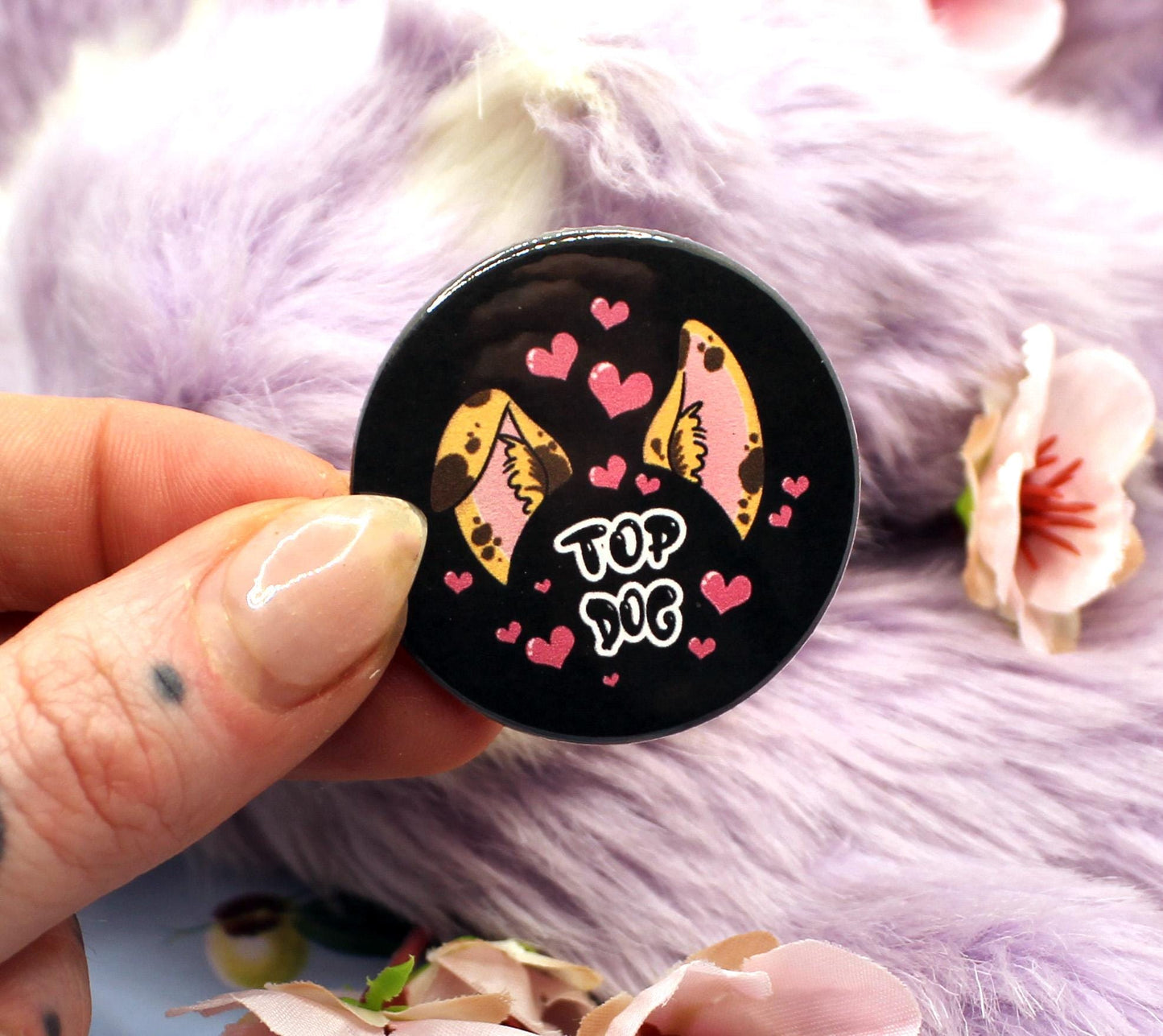 Top Dog Black Cartoon Furry Circular Badge (38mm)