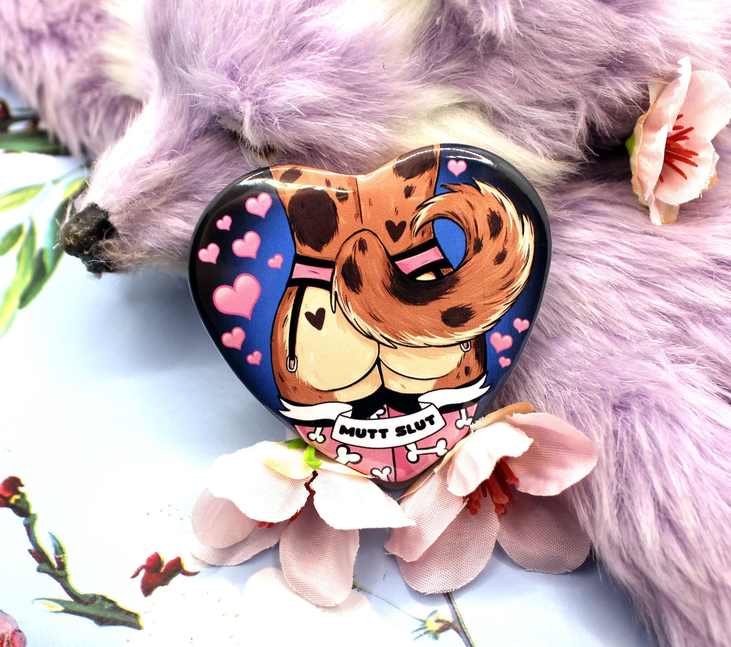 Mutt Slut Furry Dog Pink Heart Badge (55mm)