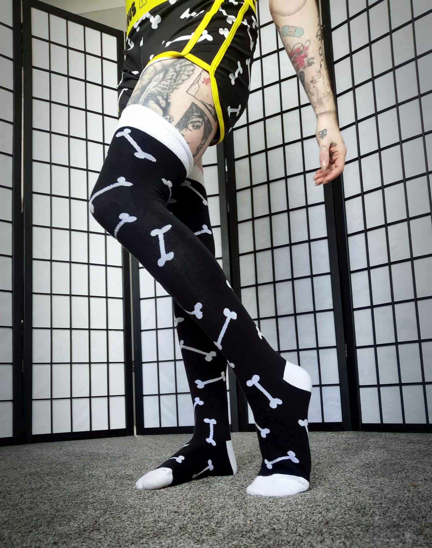 Black Puppy Play Bones Thigh High Socks (Size 3-12 UK)