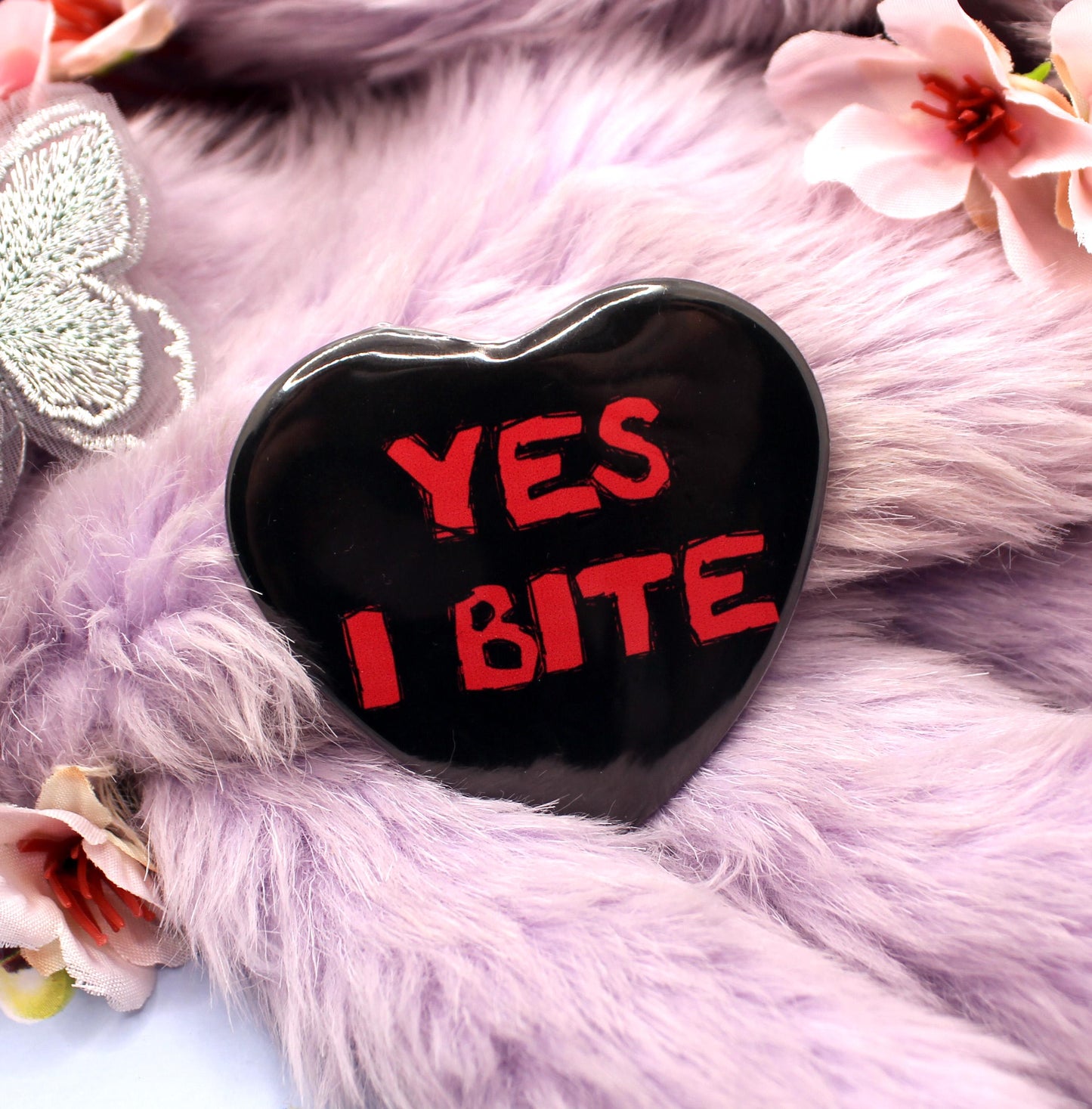 Yes I Bite Heart Badge (55mm)