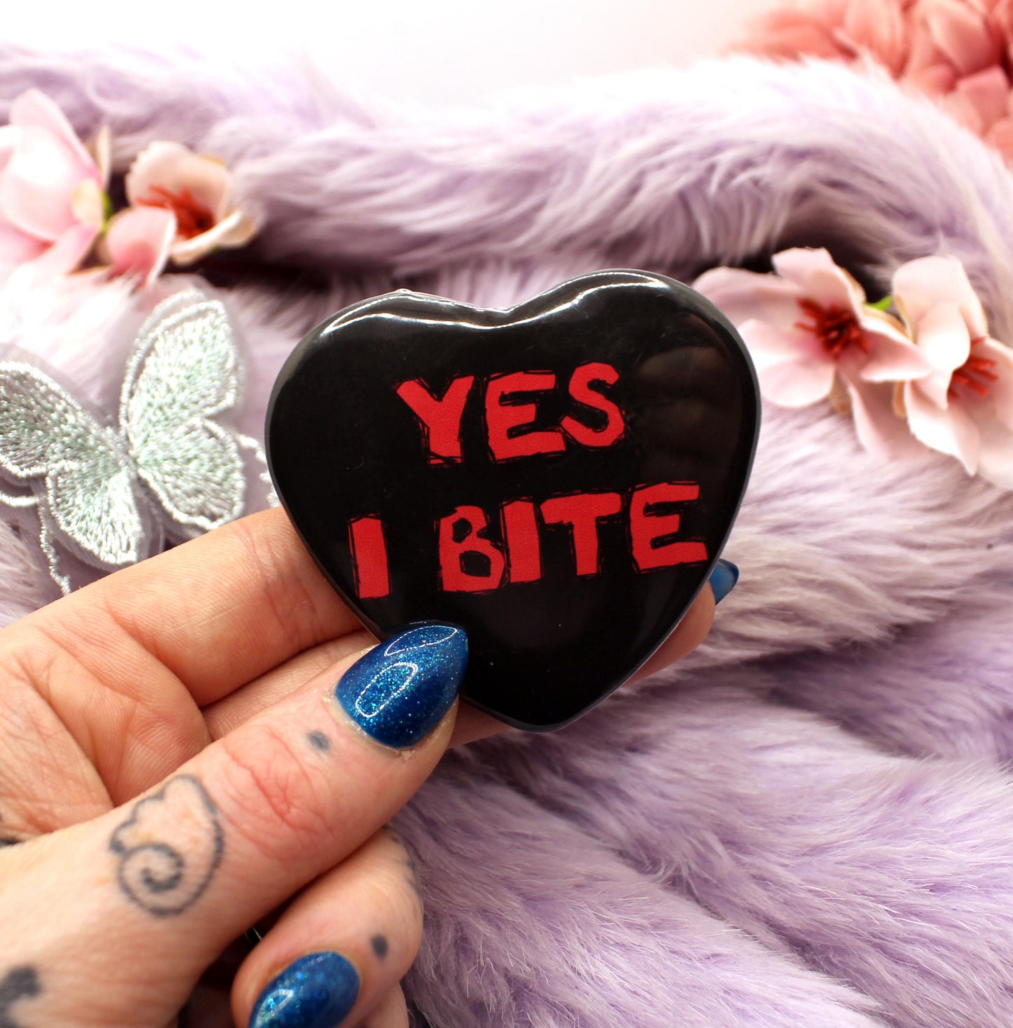 Yes I Bite Heart Badge (55mm)