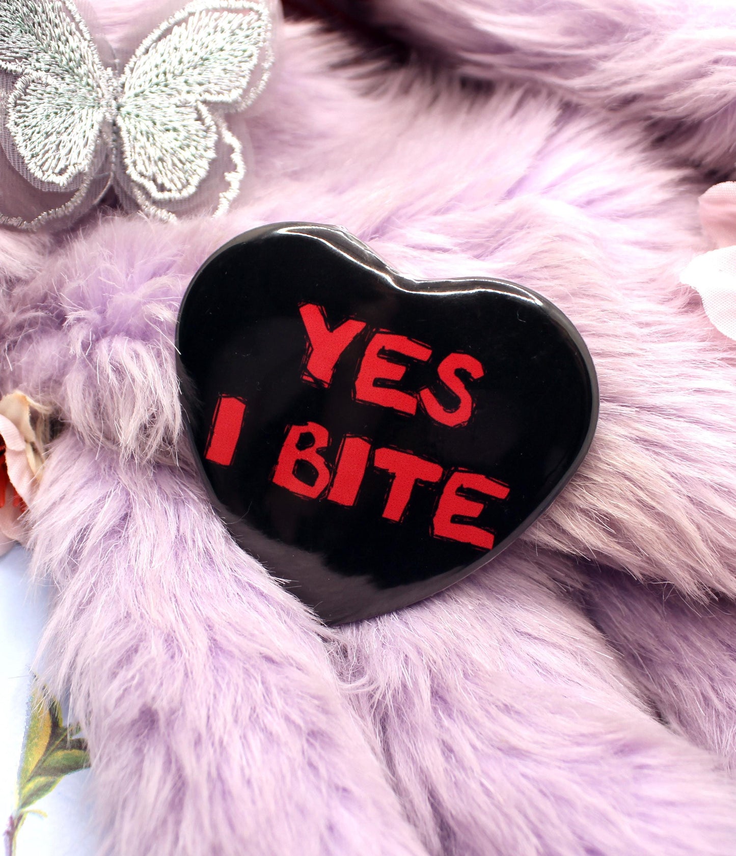 Yes I Bite Heart Badge (55mm)