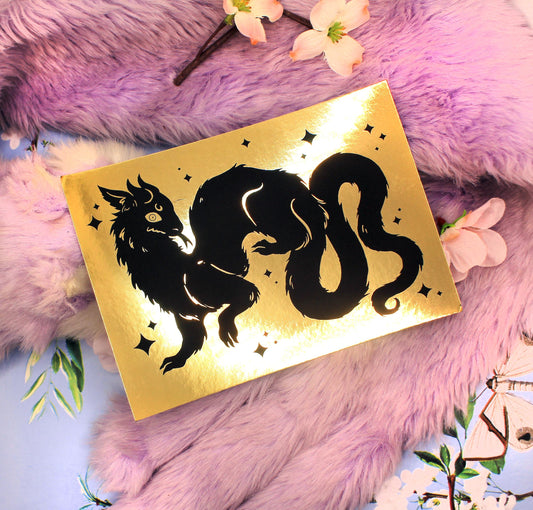 Black Wyrm on Gold Foil Background A6 Print