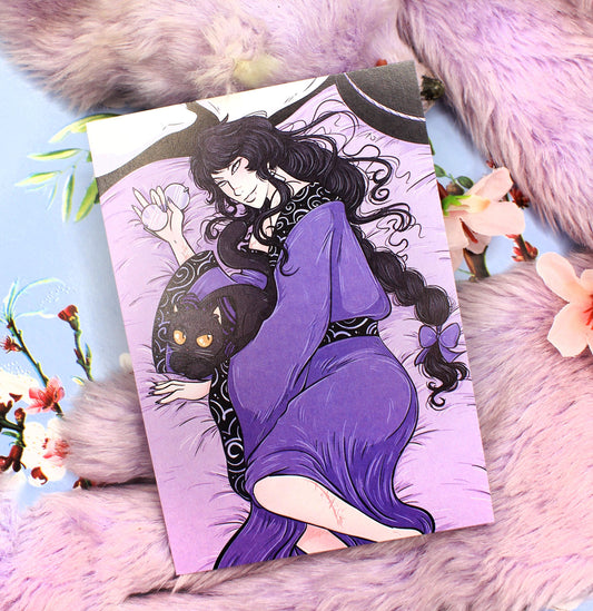 Ginzin and Thistle the Cat Lilac Bedding Illustration A6 Print - The Nightingale Dragon Series