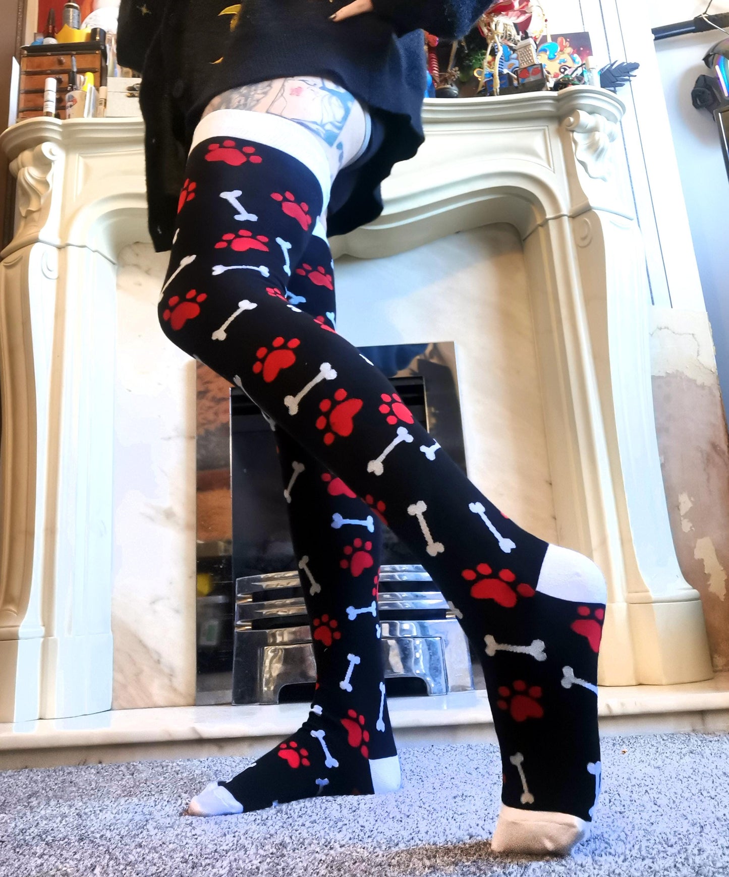 Red Paw Print Black and White Bone Thigh High Socks (Size 3-12 UK)