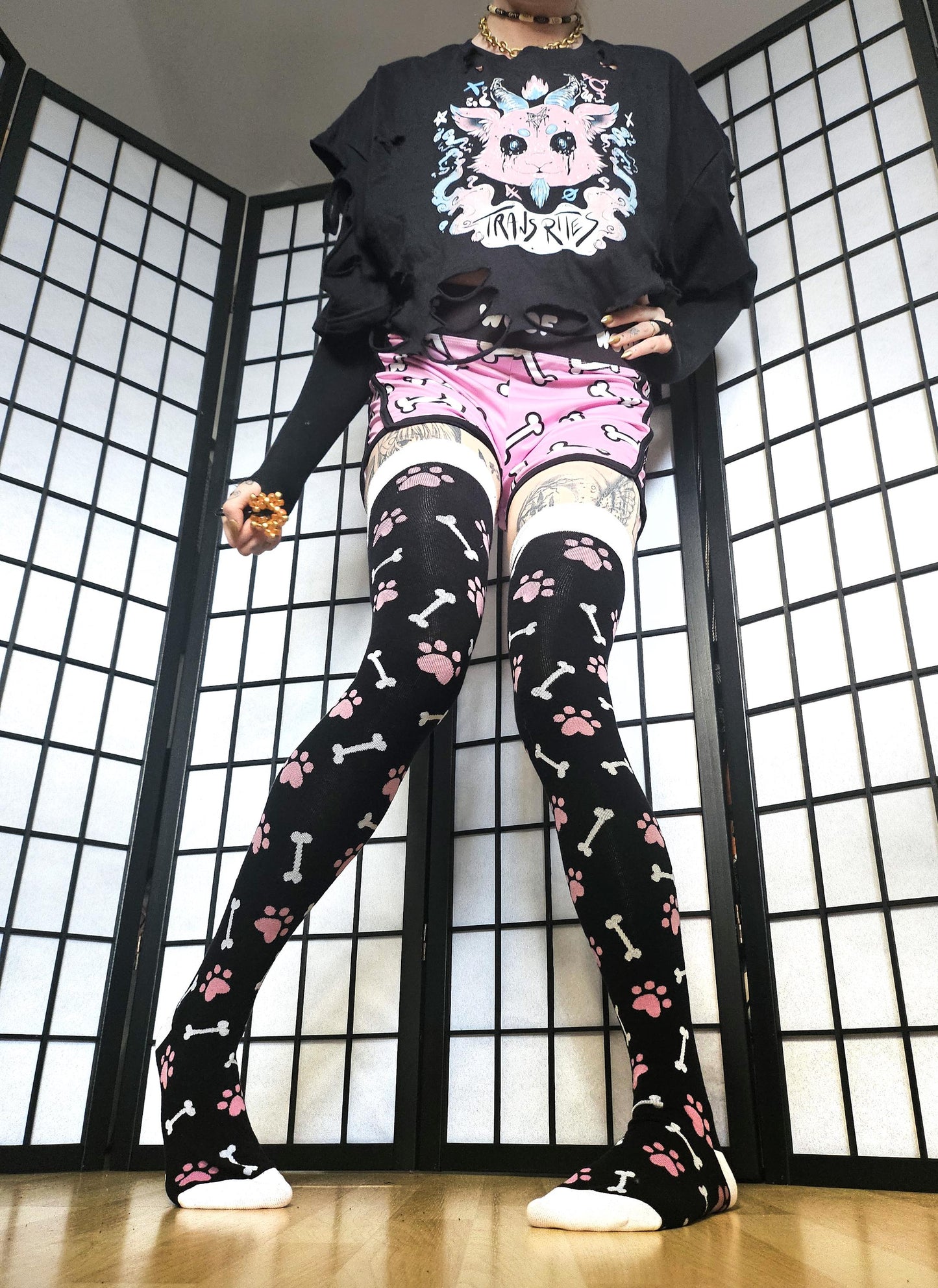 Pink Paw Print Black and White Bone Thigh High Socks (Size 3-12 UK)