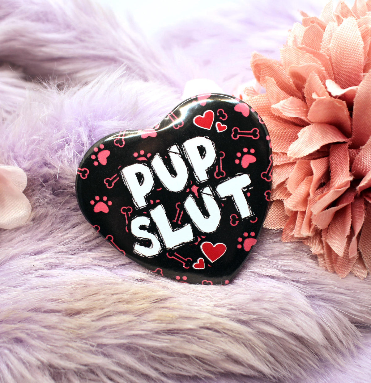 Pup Slut Furry Dog Pink Heart Badge (55mm)