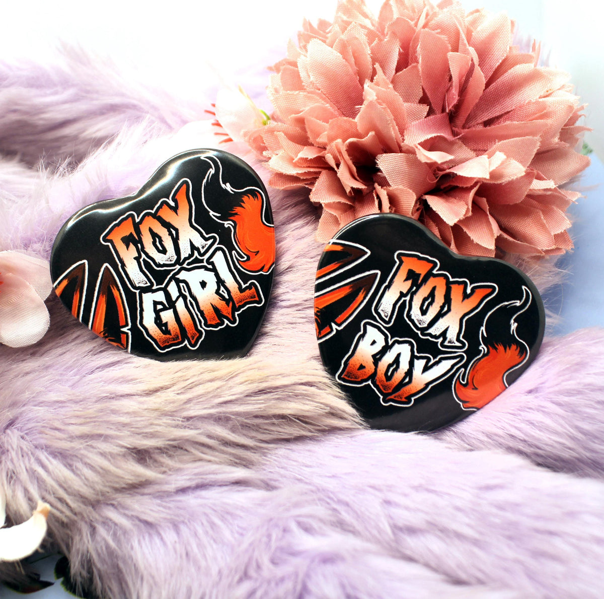 Fox Boy and Fox Girl Heart Badges (55mm)