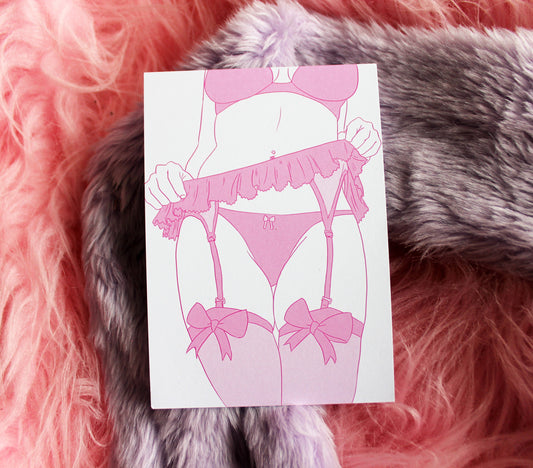 Pastel Girls in Garters Bow Stockings A6 Print