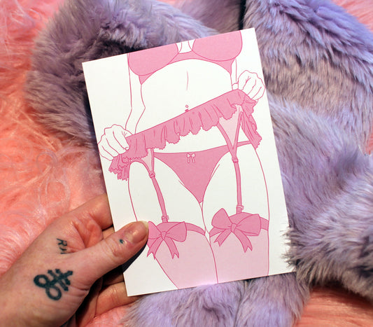 Pastel Girls in Garters Bow Stockings A6 Print