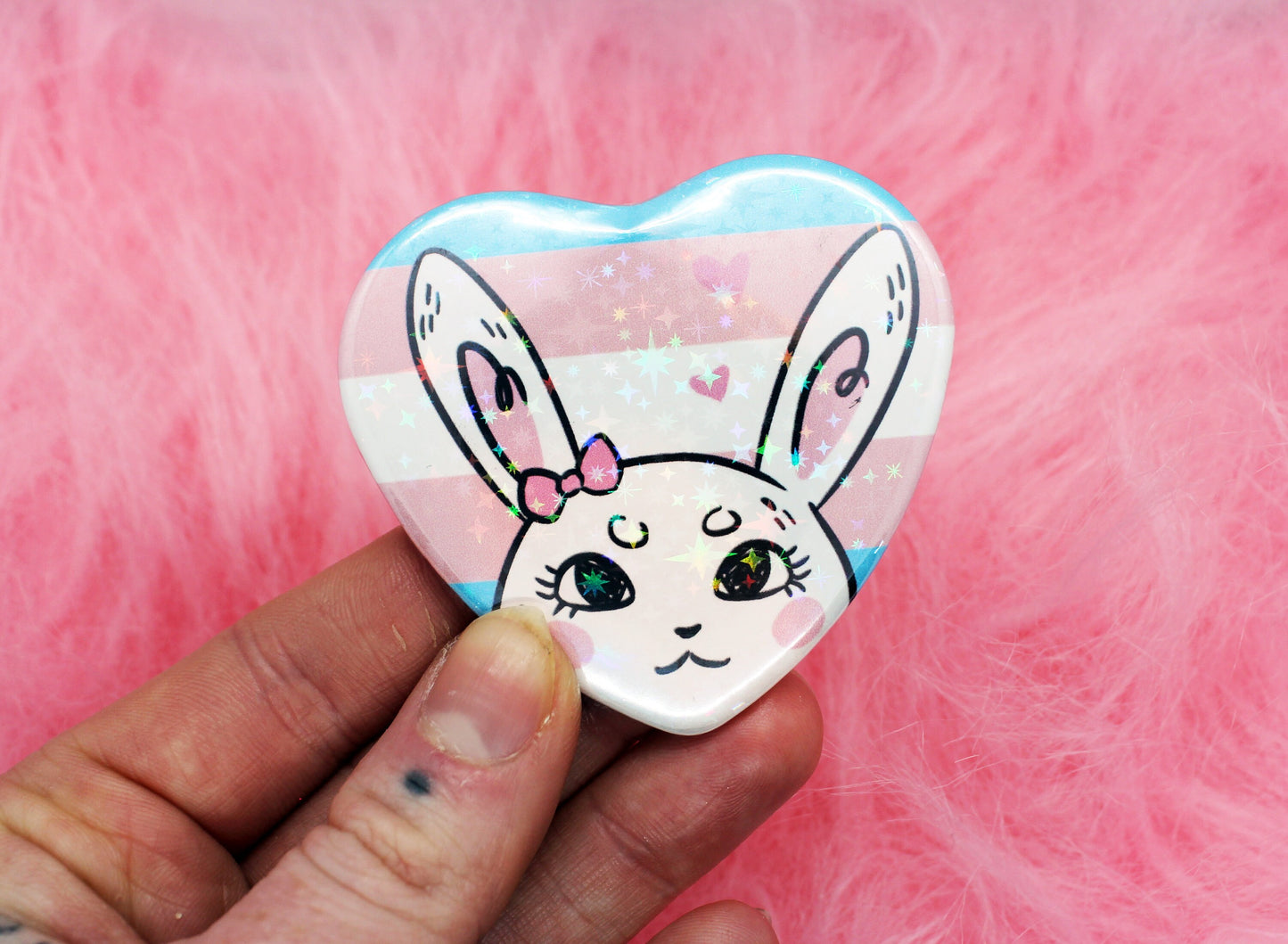 Bunny & Trans Print Holographic Heart Badges (55mm)