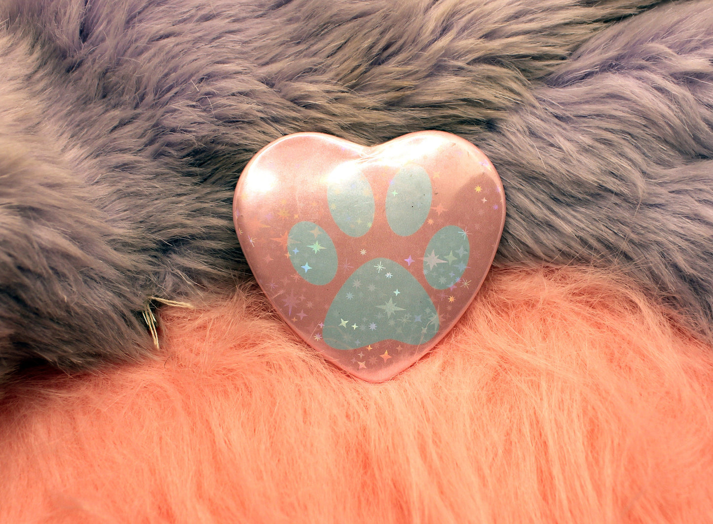 Pastel Paw Holographic Heart Badge (55mm) - Blue and Pink Paw Print