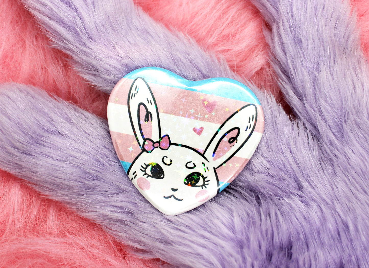 Bunny & Trans Print Holographic Heart Badges (55mm)