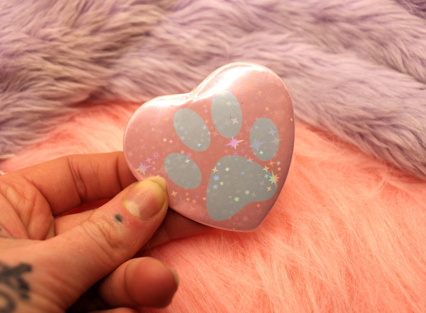 Pastel Paw Holographic Heart Badge (55mm) - Blue and Pink Paw Print