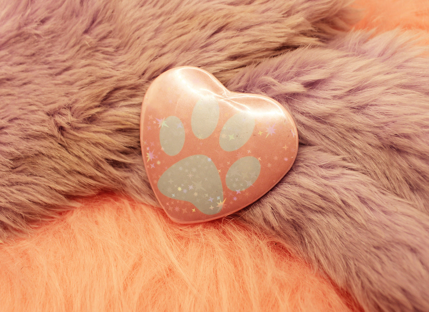 Pastel Paw Holographic Heart Badge (55mm) - Blue and Pink Paw Print