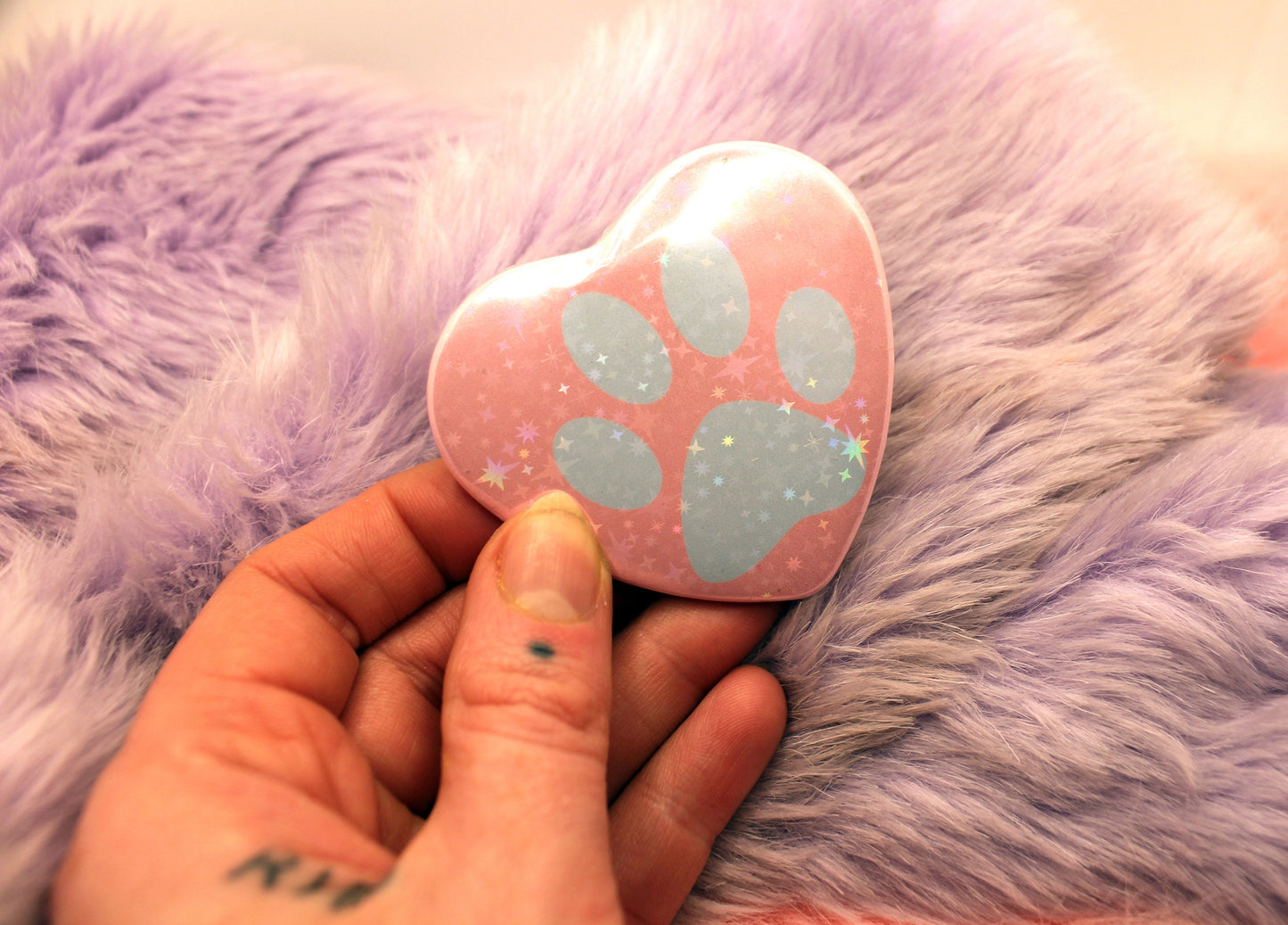 Pastel Paw Holographic Heart Badge (55mm) - Blue and Pink Paw Print