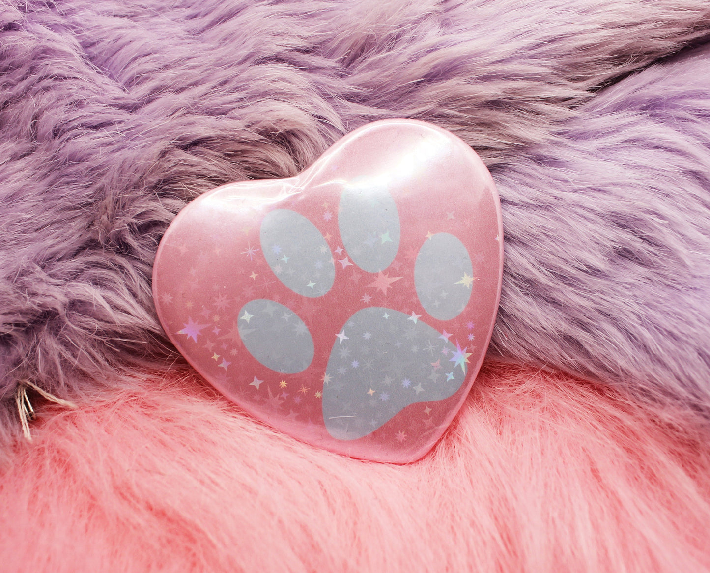 Pastel Paw Holographic Heart Badge (55mm) - Blue and Pink Paw Print
