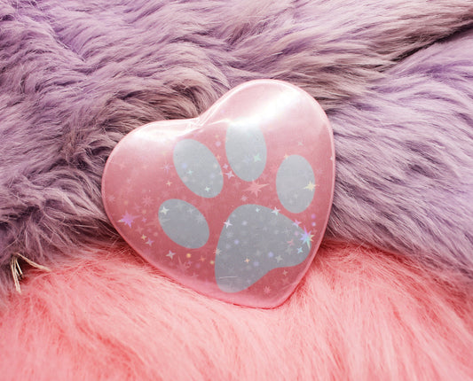 Pastel Paw Holographic Heart Badge (55mm) - Blue and Pink Paw Print