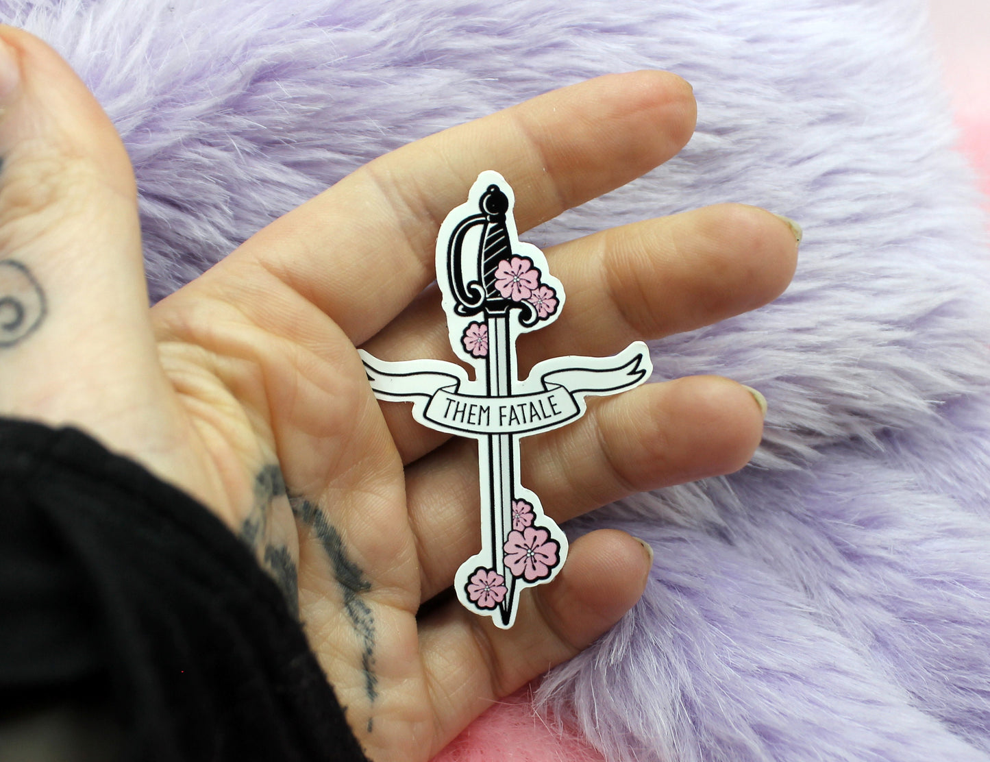 Them Fatale Sword Sticker (6cm) - Non-Binary Sword Sakura Cherry Blosssom Flowers LGBTQ