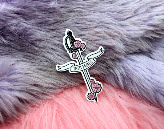 Them Fatale Sword Sticker (6cm) - Non-Binary Sword Sakura Cherry Blosssom Flowers LGBTQ