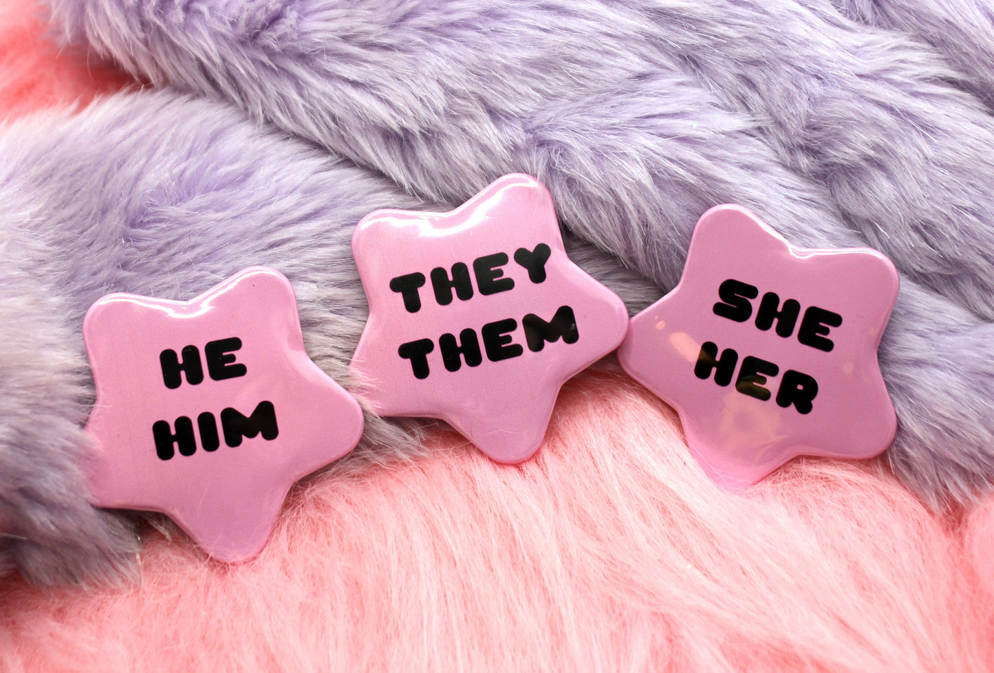 He/Him Pronoun Pentagram Star Badges (55mm) - Pink and Black