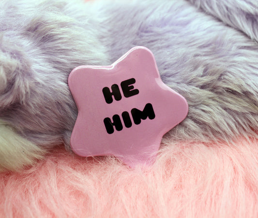 He/Him Pronoun Pentagram Star Badges (55mm) - Pink and Black
