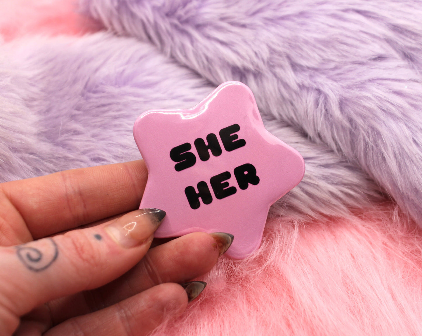 She/Her Pronoun Pentagram Star Badges (55mm) - Pink and Black