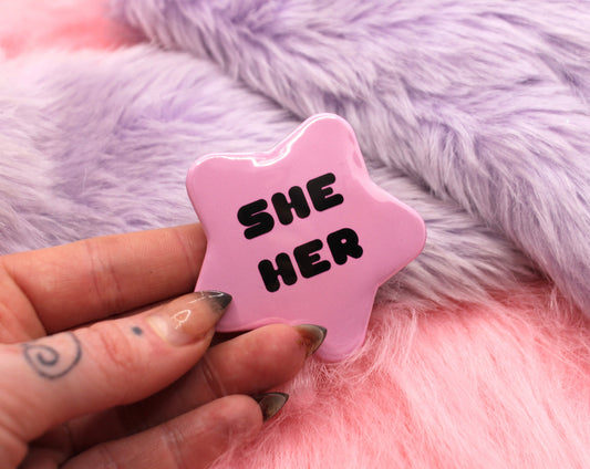 She/Her Pronoun Pentagram Star Badges (55mm) - Pink and Black