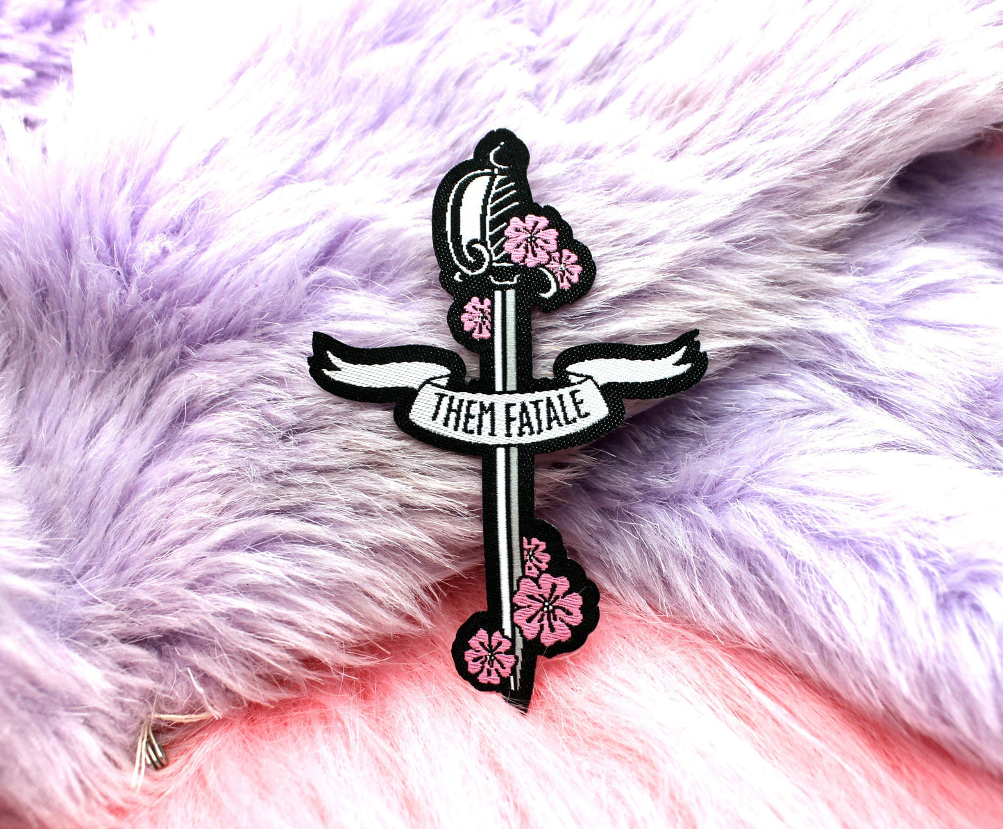Them Fatale Iron-On Patch (60mm) - non-binary sword flowers embroidered patch