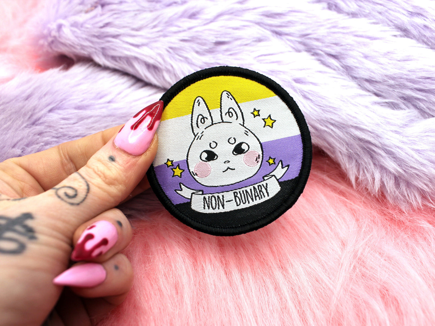 Non-Bunary Iron-On Patch (60mm) - non-binary bunny rabbit embroidered patch
