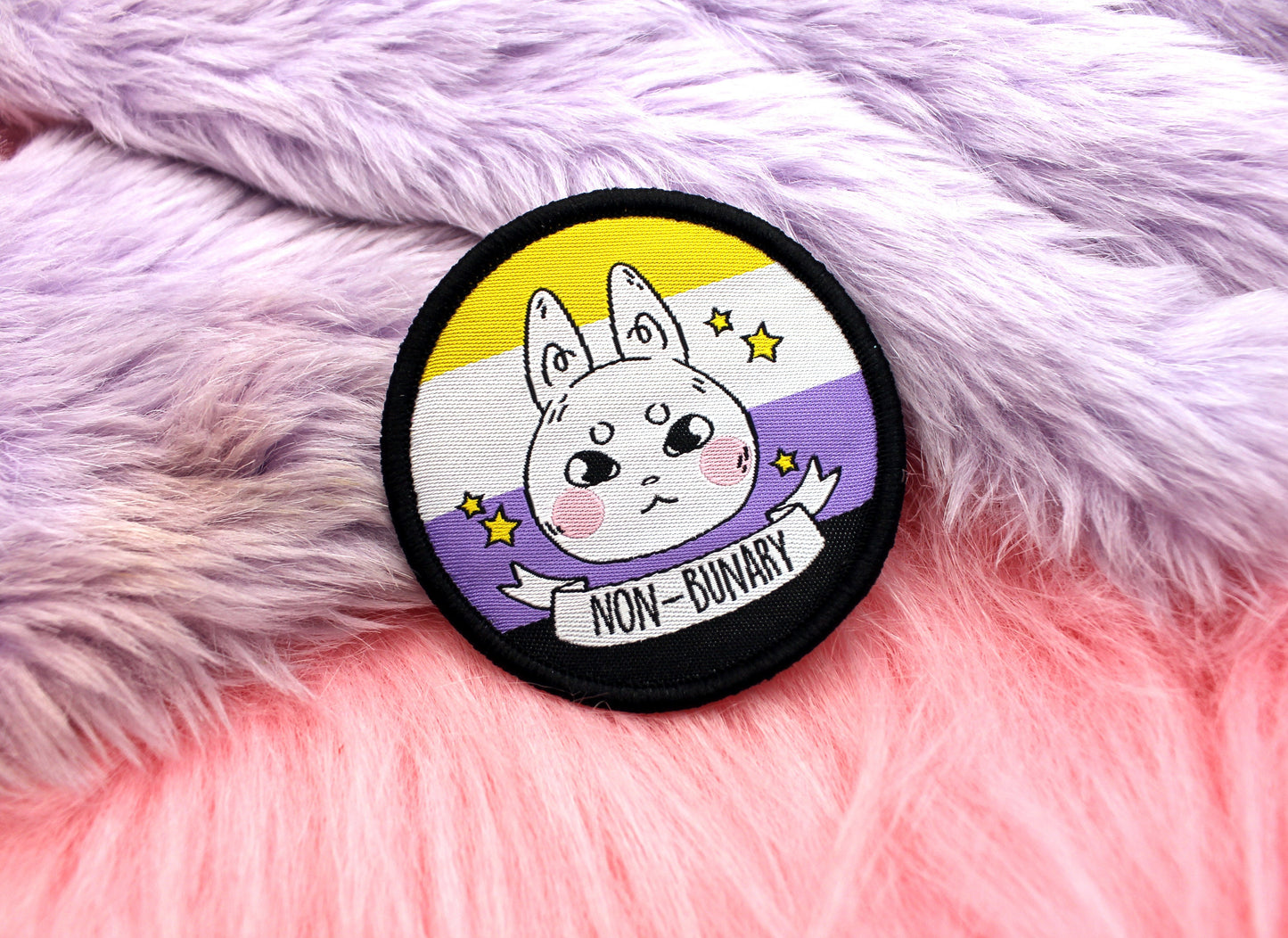 Non-Bunary Iron-On Patch (60mm) - non-binary bunny rabbit embroidered patch