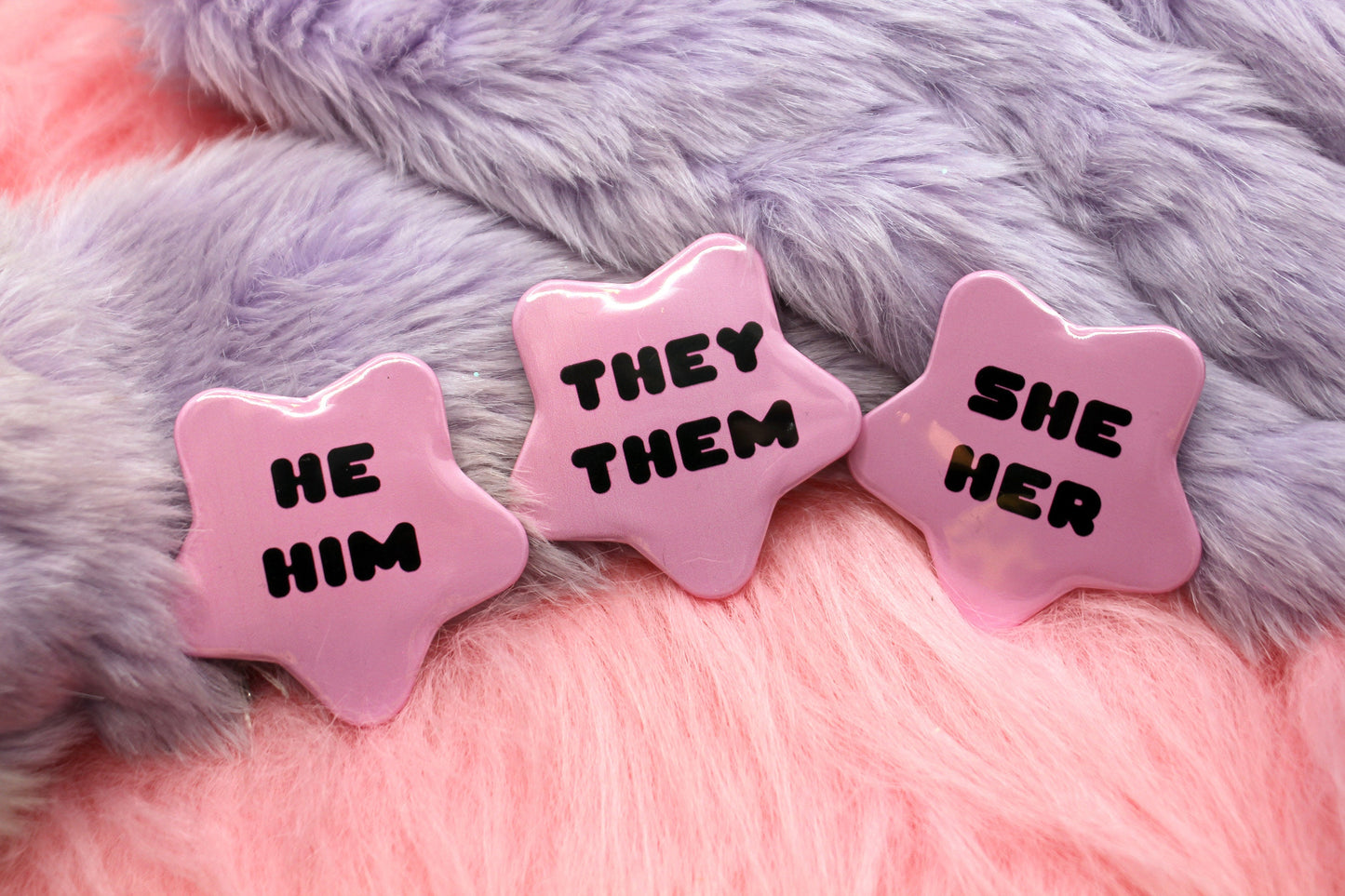 They/Them Pronoun Pentagram Star Badges (55mm) - Pink and Black