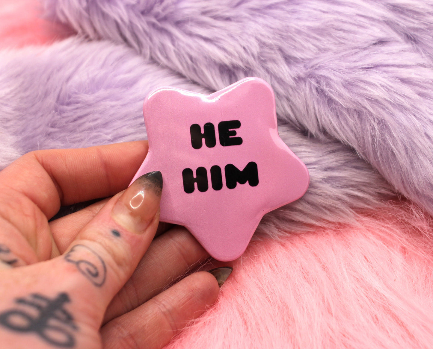 He/Him Pronoun Pentagram Star Badges (55mm) - Pink and Black