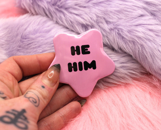 He/Him Pronoun Pentagram Star Badges (55mm) - Pink and Black