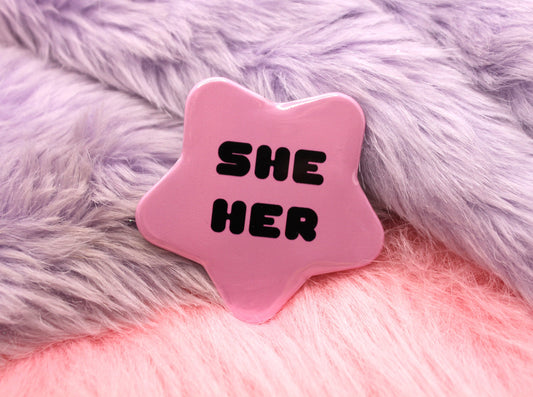 She/Her Pronoun Pentagram Star Badges (55mm) - Pink and Black