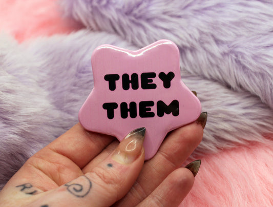 They/Them Pronoun Pentagram Star Badges (55mm) - Pink and Black
