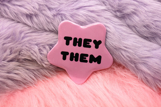 They/Them Pronoun Pentagram Star Badges (55mm) - Pink and Black