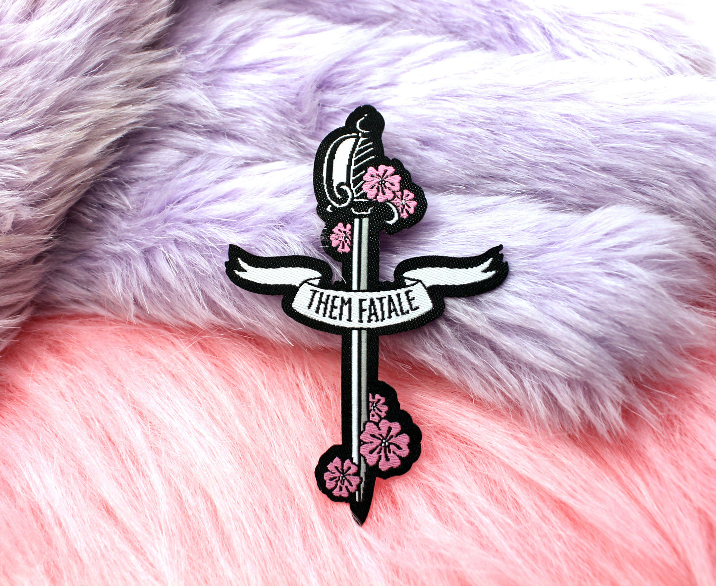 Them Fatale Iron-On Patch (60mm) - non-binary sword flowers embroidered patch