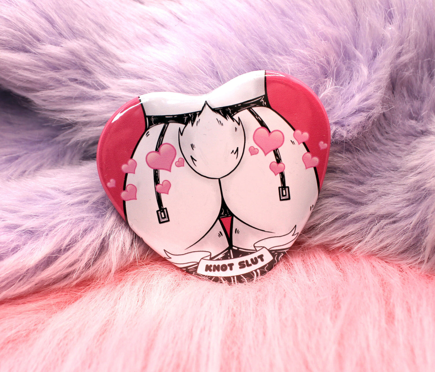 Knot Slut Furry Heart Badge (55mm) - Bunny Butt with Hearts