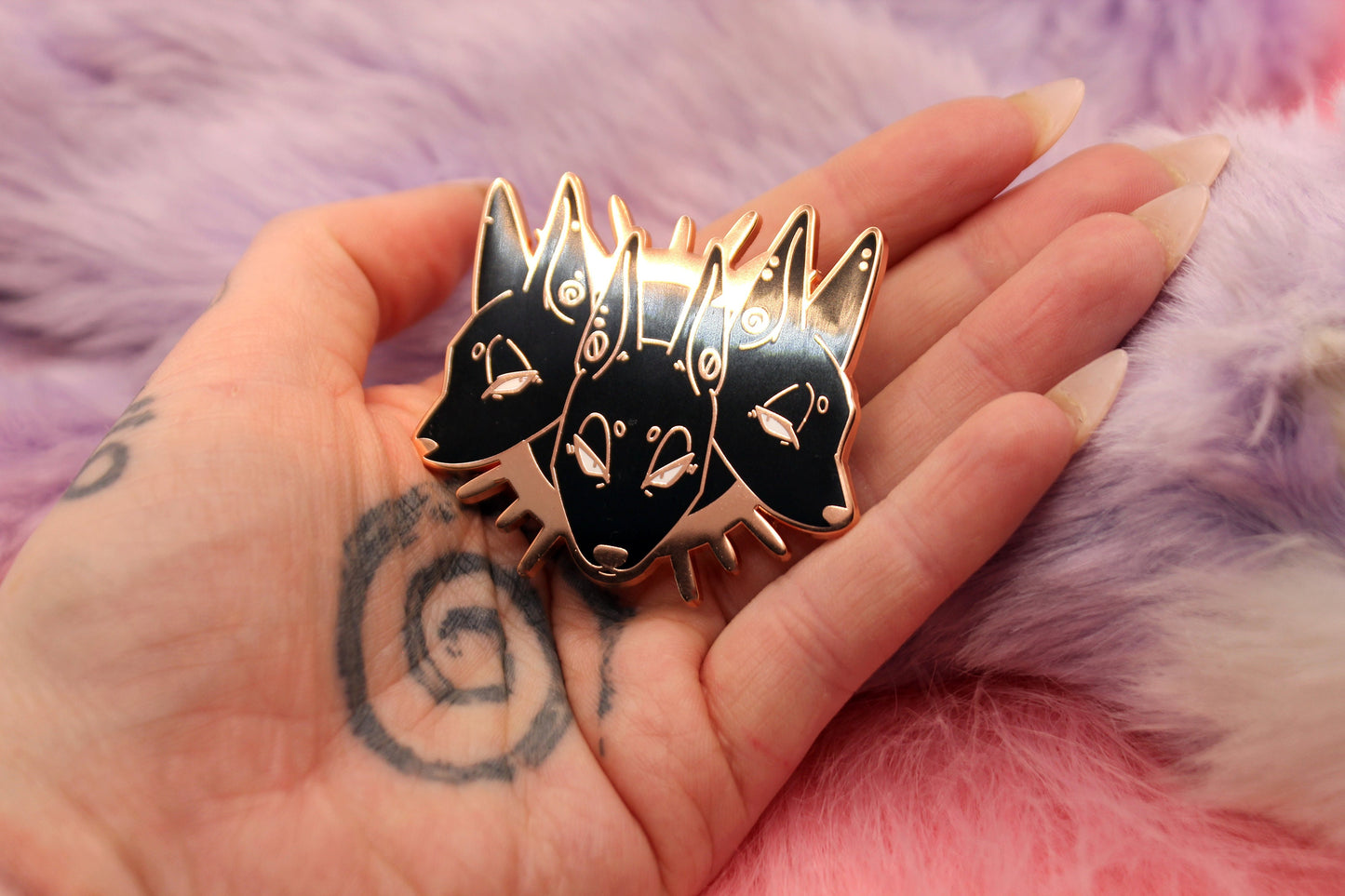 Cerberus Head Enamel Pin (2" A Grade, Hard, Rose Gold)
