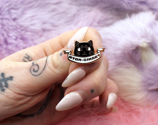 Nyan-Binary Enamel Pin (A Grade, Hard, Rose Gold) - Non-Binary Animal Puns