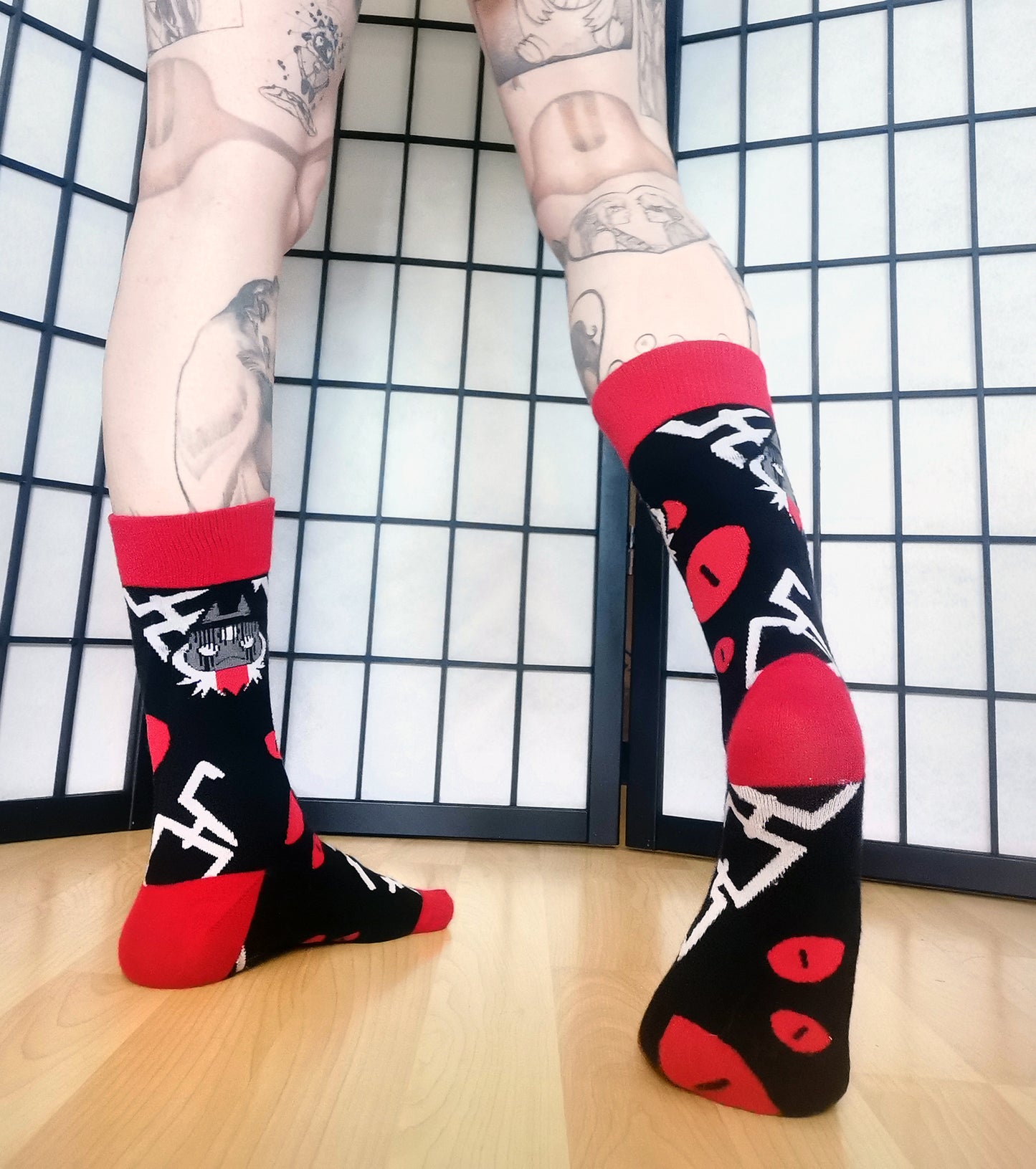 Narinder Cult of the Lamb Red and Black Crew Socks (Adult Size 3-12 UK)