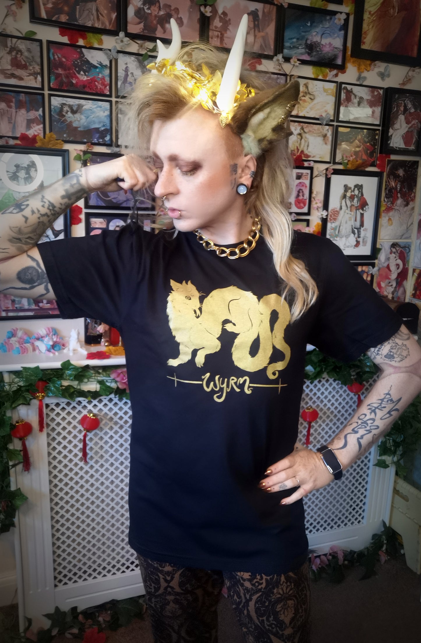 Gold Wyrm on Black T-shirt (Sizes: S-4XL)